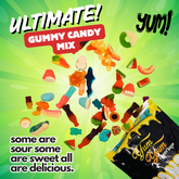 Ultimate Gummy Candy Mix graphic showing a mix of colorful sweet and sour gummies flying out of the bag.
